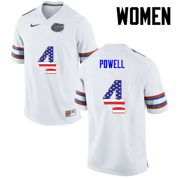 NCAA Florida Gators Brandon Powell Women's #4 USA Flag Fashion Nike White Stitched Authentic College Football Jersey VUE0564DV
